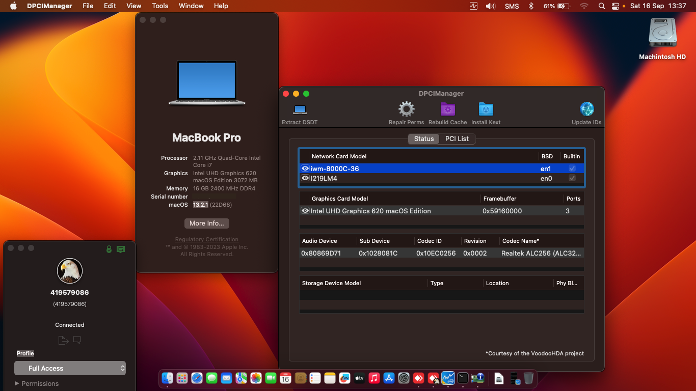 Success Hackintosh macOS Ventura 13.2.1 Build 22D68 in Dell Latitude 7490